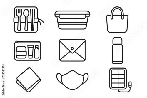Zero-Waste Travel Essentials. Line style icons of zero-waste travel gear: utensil roll, collapsible container, compact tote, eco