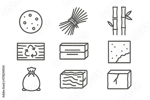 Natural Building Icons. Line style icons of natural building materials: clay ball, straw bundle, bamboo stalk, recycled timber,