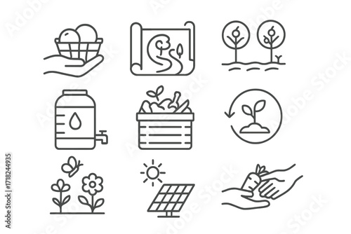 Permaculture Milestones Icons. Line style icons of permaculture milestones: first harvest, design completion, orchard planted,