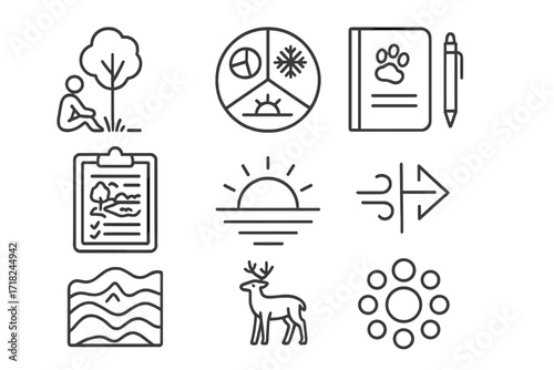 Observation Icons Collection. Line style icons of observation practices: sit spot, seasonal calendar, tracking notebook, site