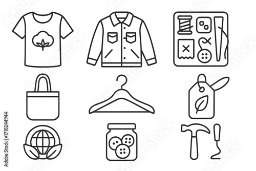 Sustainable Fashion Icons. Line style icons of sustainable fashion items: organic cotton t-shirt, secondhand jacket, clothing
