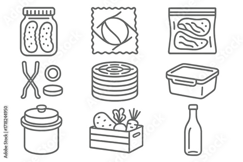 Food Preservation Icons. Line style icons of food preservation methods: mason jar with pickles, beeswax wrap, vacuum sealed bag,