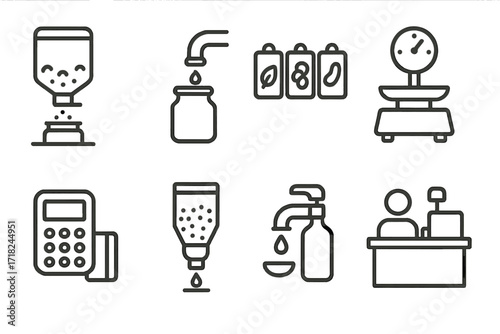 Refill Station Icons. Line style icons of refill stations and shops: wall dispenser, jar under spout, ingredient labels, weigh