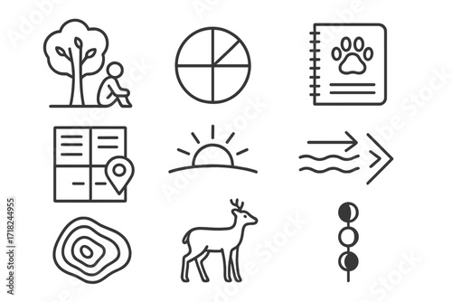 Observation Icons Collection. Line style icons of observation practices: sit spot, seasonal calendar, tracking notebook, site