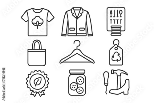Sustainable Fashion Icons. Line style icons of sustainable fashion items: organic cotton t-shirt, secondhand jacket, clothing