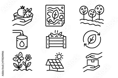 Permaculture Milestones Icons. Line style icons of permaculture milestones: first harvest, design completion, orchard planted,