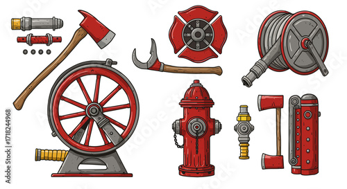 Vintage firefighting equipment collection with rustic tools and hydrant elements