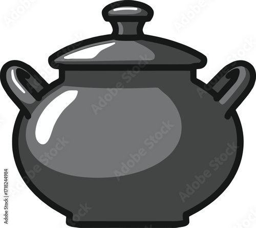 Traditional cooking pot with lid, household kitchen utensil illustration

