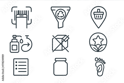 Zero-Waste App Icons. Line style icons of zero-waste shopping apps: barcode scanner, zero-waste filter, bulk store locator,