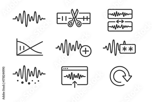 Podcast Editing Icons. Line style icons of podcast editing stages: raw track icon, timeline slicing, track syncing, fade