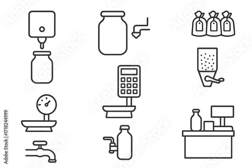 Refill Station Icons. Line style icons of refill stations and shops: wall dispenser, jar under spout, ingredient labels, weigh