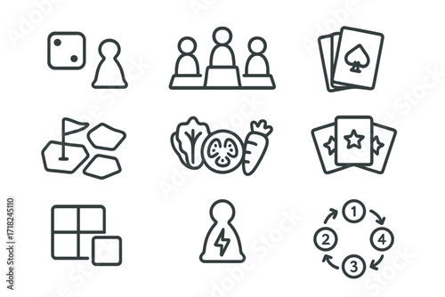 Board Game Icons. Line style icons of board game mechanics: roll-and-move, worker placement, deck building, area control, point