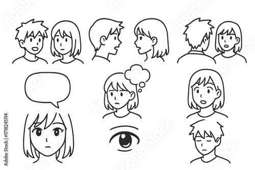 Anime Dialogue Icons. Line style icons of anime dialogue scenes: talking heads, side view convo, over-the-shoulder frame, speech