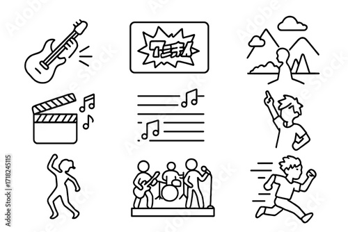Anime Opening Icons. Line style icons of anime opening themes: guitar riff, animated logo, visual teaser, beat sync, lyric overlay