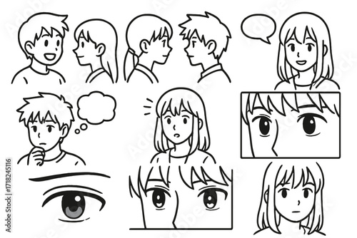 Anime Dialogue Icons. Line style icons of anime dialogue scenes: talking heads, side view convo, over-the-shoulder frame, speech