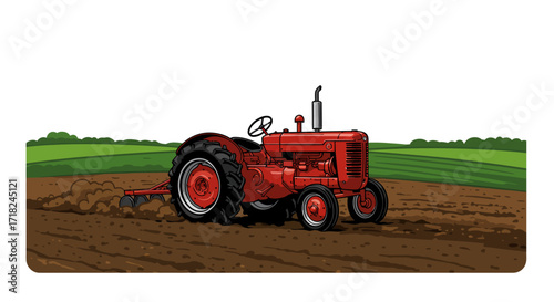 Vintage tractor in farmland scene: red agricultural icon on brown field