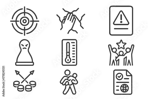 Cooperative Game Icons. Line style icons of cooperative board games: shared objective icon, teamwork hands, crisis card, enemy