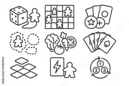 Board Game Icons. Line style icons of board game mechanics: roll-and-move, worker placement, deck building, area control, point