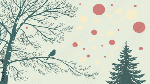A solitary bird perches on a bare tree branch against a backdrop of falling red circles and a dark evergreen tree