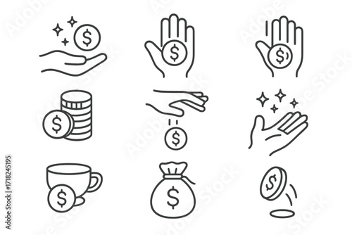 Coin Magic Icons. Line style icons of coin magic: coin vanish, coin palm, coin through hand, stack of coins, coin drop, sleight