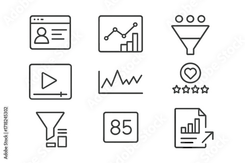Low-Code Analytics Icons. Line style icons of analytics in low-code apps: user metrics, dashboard chart, conversion funnel,