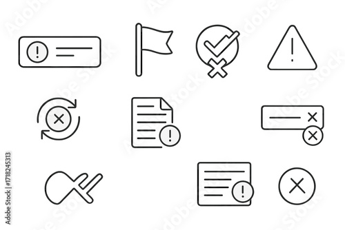 Error Handling Icons. Line style icons of error handling features: error toast, red flag alert, failed action icon, validation