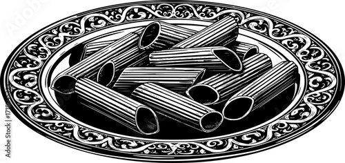 Detailed illustration of rigatoni pasta on a decorative plate in black and white. Vector illustration