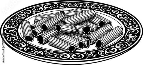 Detailed illustration of rigatoni pasta on a decorative plate in black and white. Vector illustration
