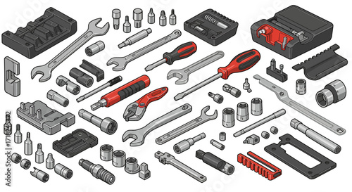 Comprehensive collection of isometric hand tools in red and gray for repair a…
