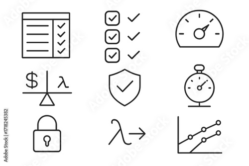 Serverless Platform Icons. Line style icons of serverless platform comparison: feature table, checkboxes, performance dial, cost