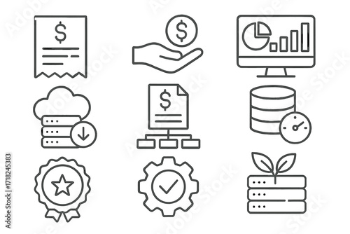 Serverless Cost Optimization. Line style icons of serverless cost optimization: billing icon, pay-per-execution, usage dashboard,