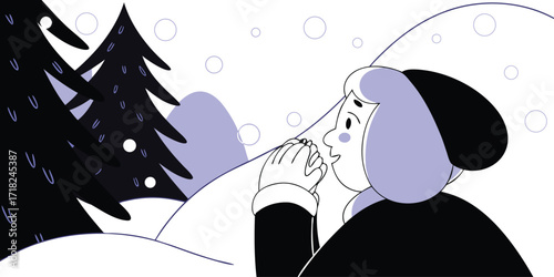 A whimsical illustration of a person in a winter landscape with snow falling gently around dark evergreen trees and soft hills