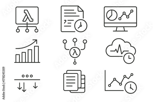 Serverless Monitoring Icons. Line style icons of serverless monitoring tools: function trace, performance log, metric dashboard,