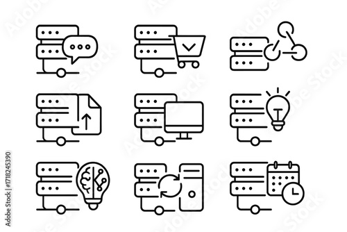 Serverless Use Case Icons. Line style icons of serverless use cases: chat app, e-commerce trigger, webhook processor, file