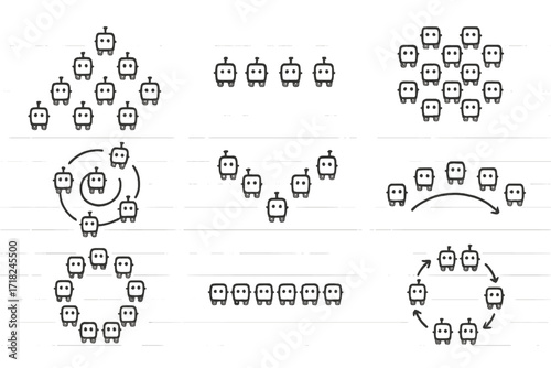 Robot Swarm Formations. Line style icons of robot swarm formations: triangle grid, linear array, hexagon pattern, spiral path,