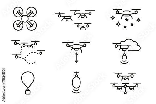 Aerial Swarm Robotics Icons. Line style icons of aerial swarm robots: quadcopter swarm, coordinated flight, drone light show, air