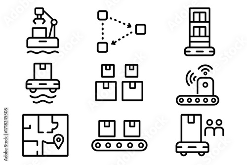 Warehouse Automation Icons. Line style icons of warehouse swarm automation: goods picker bots, path optimization, shelf movers,