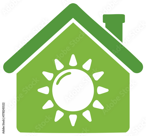 Green house icon with sun symbol representing solar power and sustainable energy