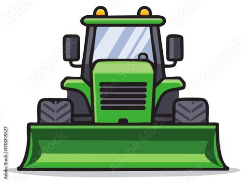 Bright green farm tractor or snowplow utility vehicle with front blade illustration