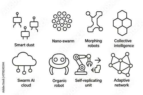 Swarm Robotics Icons. Line style icons of future concepts in swarm robotics: smart dust bots, nano-swarm icon, morphing robots,