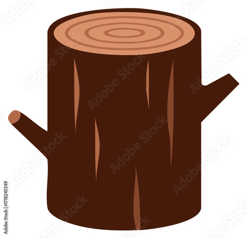 Stylized brown tree stump with visible rings and small branch stubs
