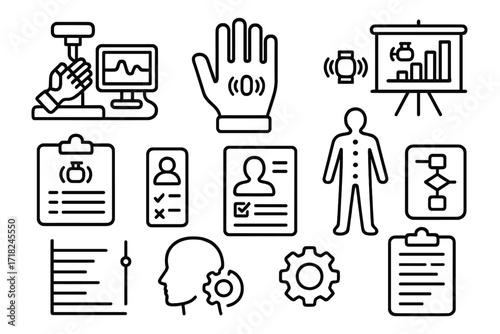 Haptic Feedback Icons. Line style icons of haptic feedback research: lab testing icon, trial glove, test motor chart, data