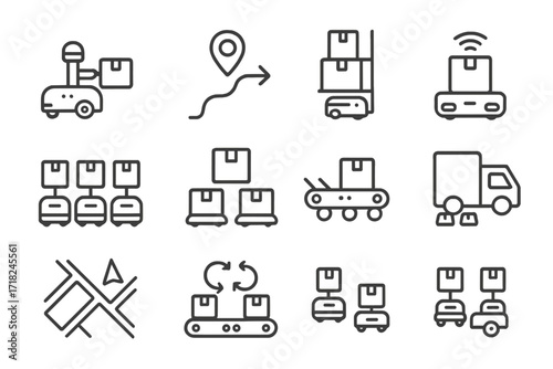 Warehouse Automation Icons. Line style icons of warehouse swarm automation: goods picker bots, path optimization, shelf movers,