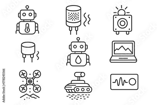 Environmental Sensing Icons. Line style icons of environmental sensing: temperature bot, gas sensor, light detector, vibration
