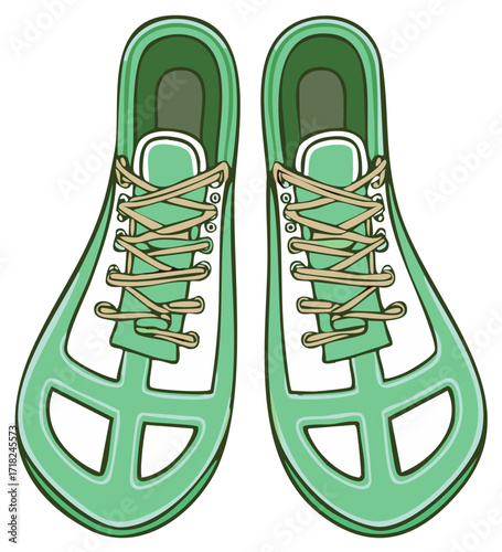 Light green sport shoes or slippers with white stripes and brown shoelaces vector artwork featuring comfort and distinctive design