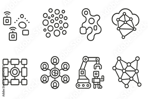 Swarm Robotics Icons. Line style icons of future concepts in swarm robotics: smart dust bots, nano-swarm icon, morphing robots,