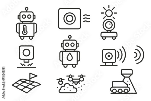 Environmental Sensing Icons. Line style icons of environmental sensing: temperature bot, gas sensor, light detector, vibration