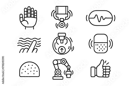 Robotic Haptic Feedback Icons. Line style icons of haptic feedback in robotics: robotic hand feedback, gripper with touch sensor,