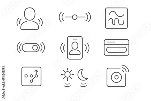 Haptic Icon Set. Line style icons of customizable haptic experiences: user profile buzz, feedback intensity slider, pattern