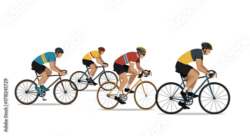 Cyclists racing on road bikes in flat style for competitive sports themes